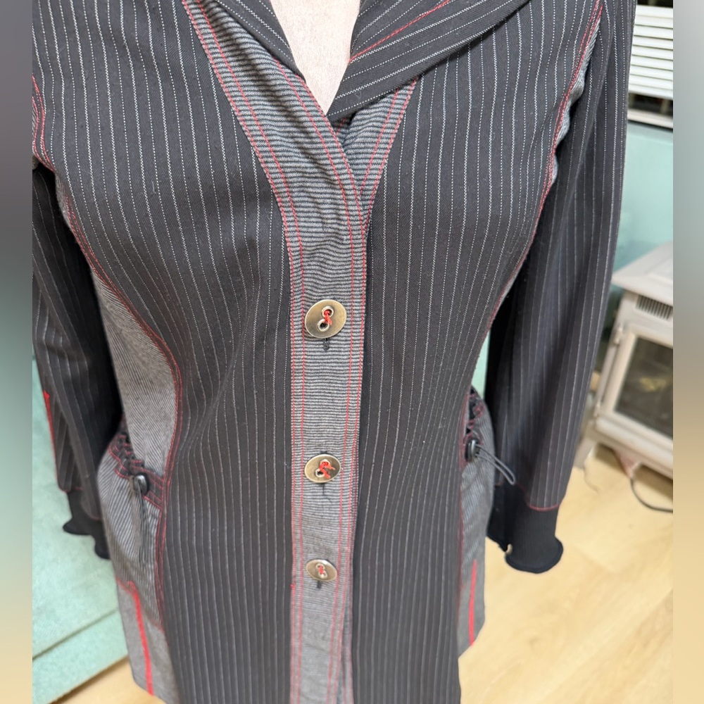 Vintage LanVie Black Pinstripe Hooded Lightweight Black Red Jacket Pinstripe 6 - Picture 9 of 16